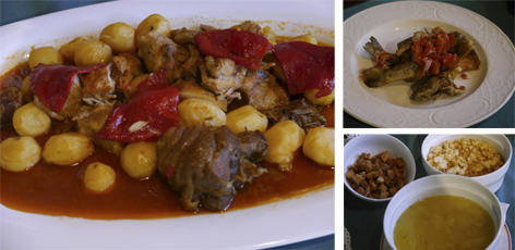 Plato de pitu caleya (izquierda), truchas (arriba, derecha) y sopa de curruscos (abajo), platos de las Jornadas Gastronómicas del concejo
